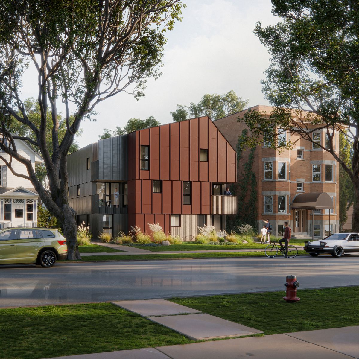 Rendu 3D d’un immeuble de trois étages dont l’extérieur allie panneaux métalliques couleur rouille et bardage foncé.  L’immeuble est situé dans un quartier.